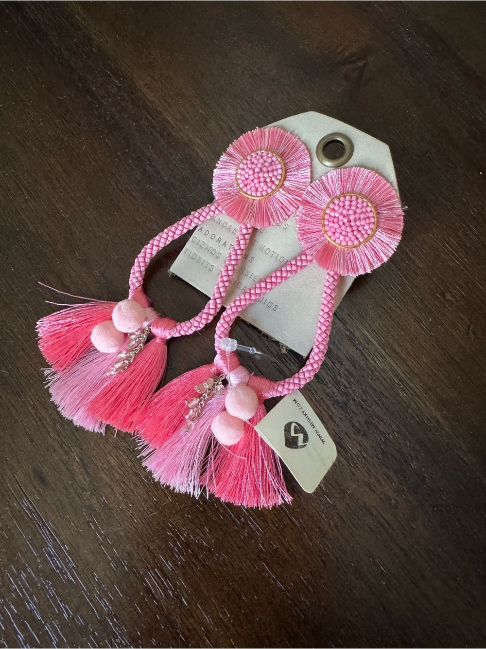 MISHKY Handmade Pink Beaded Statement Tassel Earrings - New with Tags